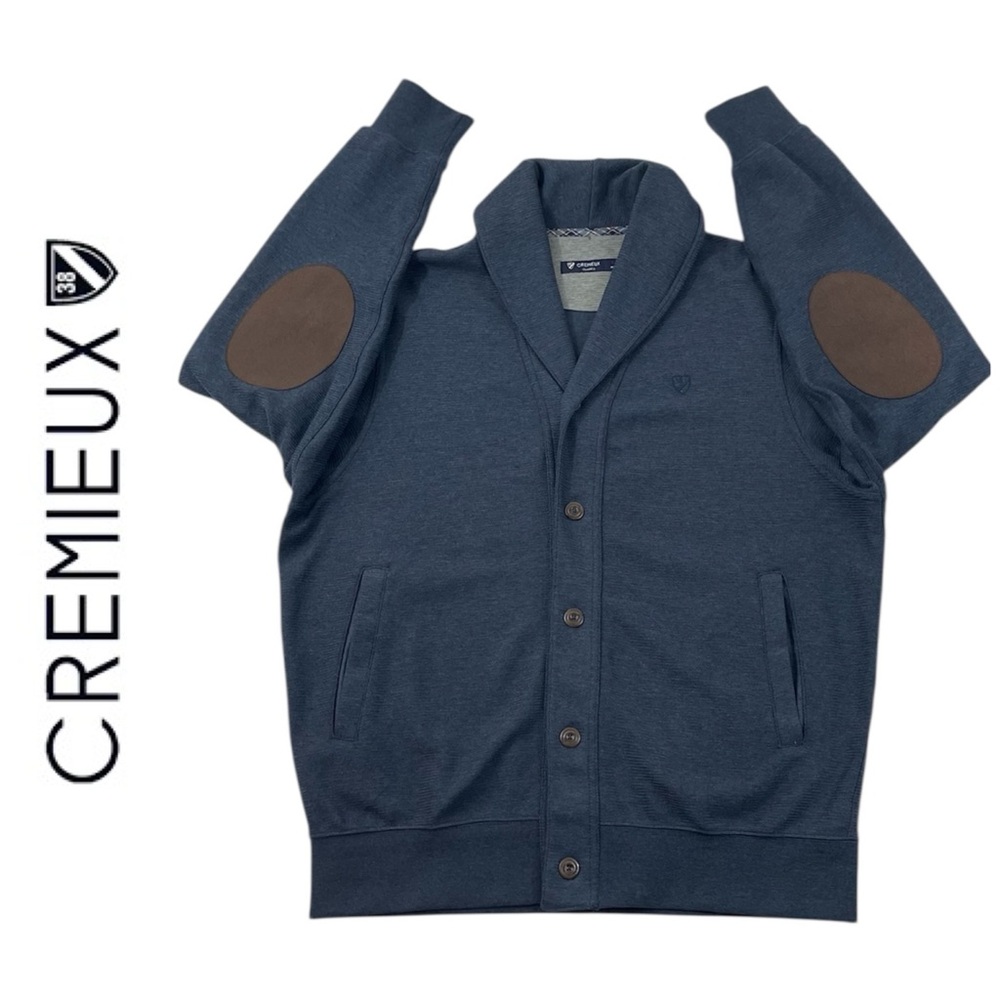 Cremeux Classic Blue Cardigan with Brown Elbow Patches - NWOT